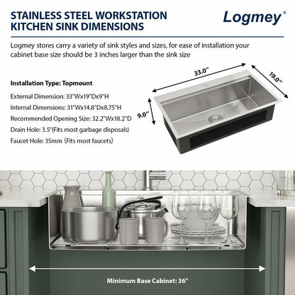 Logmey 33x19 Drop In Kitchen Sink 33 Inch Stainless Steel Workstation Sinks SUS304 16 Gauge Topmount Ledge Single Bowl Overmount Kitchen Sinks 33x19x9