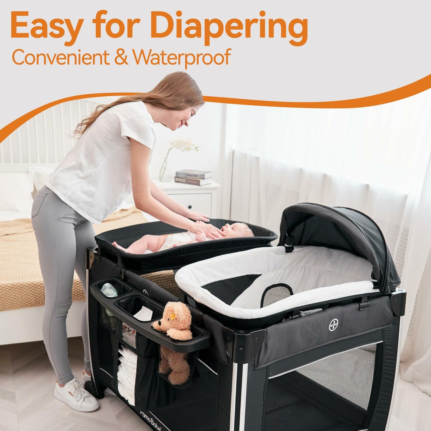 Pamo Babe 4 in 1 Portable Baby Crib Deluxe Nursery Center, Foldable Travel Playard with Bassinet, Mattress, Changing Table for Newborn, Infant, Toddler(Grey)