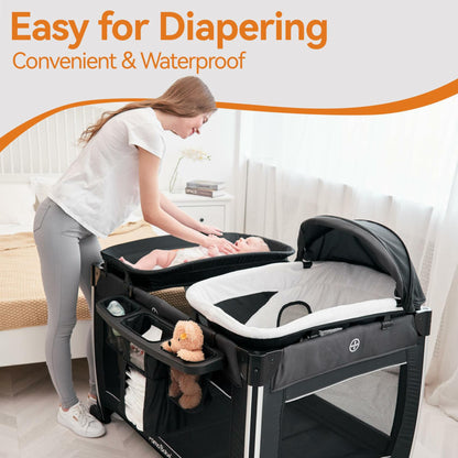 Pamo Babe 4 in 1 Portable Baby Crib Deluxe Nursery Center, Foldable Travel Playard with Bassinet, Mattress, Changing Table for Newborn, Infant, Toddler(Grey)