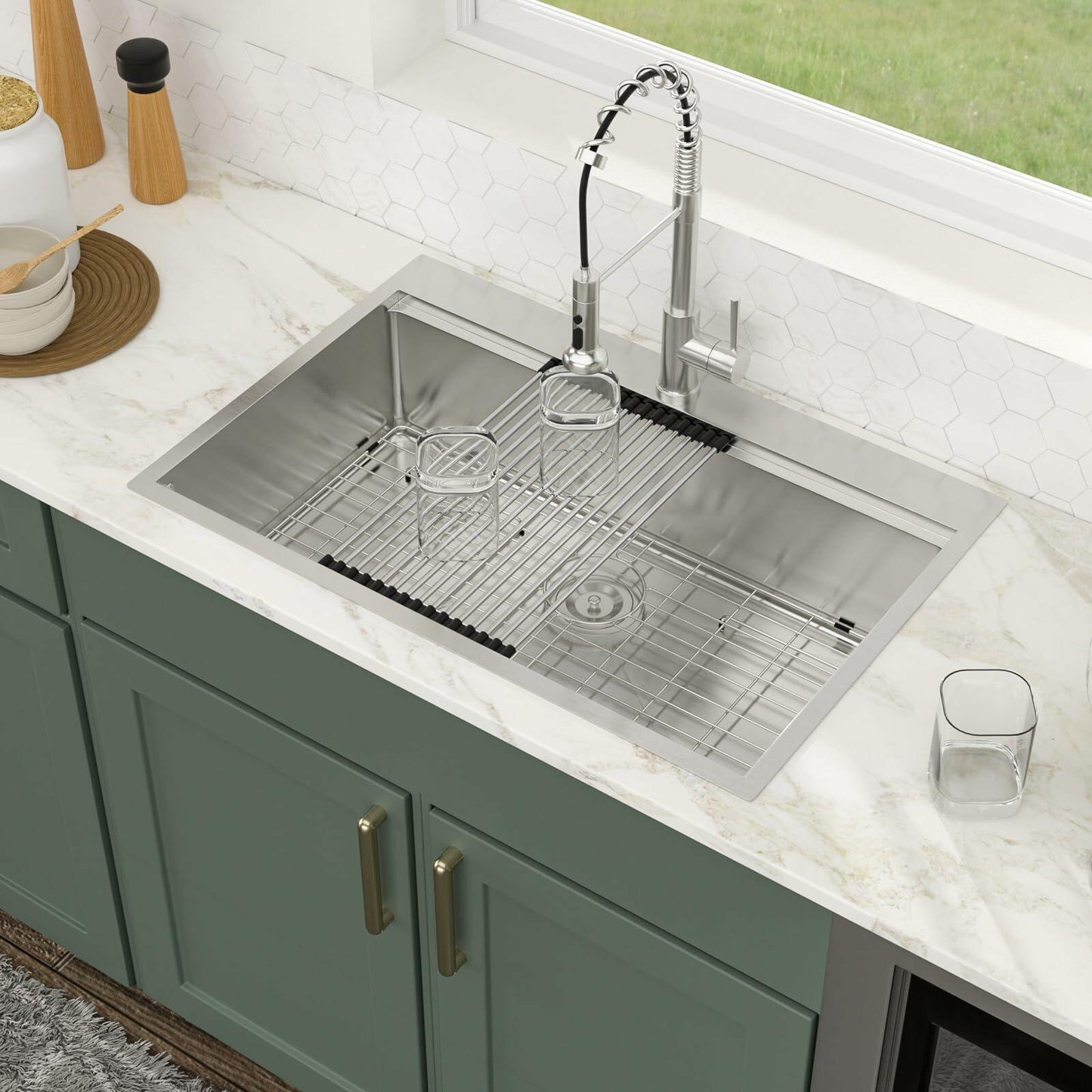 Logmey 33x19 Drop In Kitchen Sink 33 Inch Stainless Steel Workstation Sinks SUS304 16 Gauge Topmount Ledge Single Bowl Overmount Kitchen Sinks 33x19x9