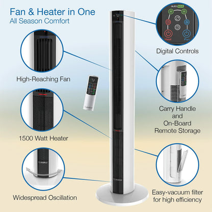 Lasko Oscillating All Season Tower Fan and Space Heater in One for Home with Adjustable Thermostat, Tip-Over Switch, 4 Fan Speeds, 3 Heat Settings and Remote Control, 42 Inches, 1500W, White, FH500