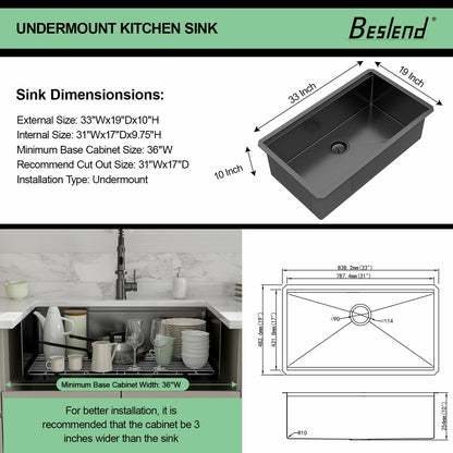 33 Inch Black Undermount Workstation Kitchen Sink -Beslend Stainless Steel Gunmetal NANO-PVD Black Sinks 16 Gauge Deep Single Bowl Ledge Round Corner Basin 33”x19”x10”