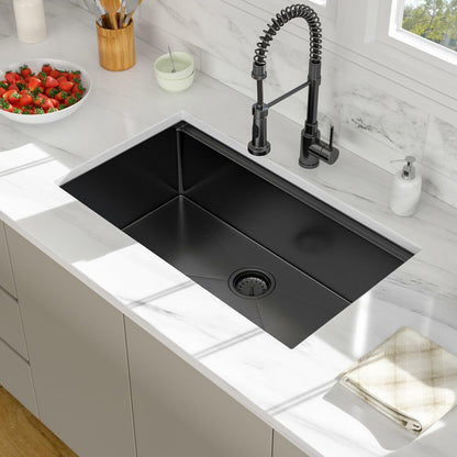 33 Inch Black Undermount Workstation Kitchen Sink -Beslend Stainless Steel Gunmetal NANO-PVD Black Sinks 16 Gauge Deep Single Bowl Ledge Round Corner Basin 33”x19”x10”