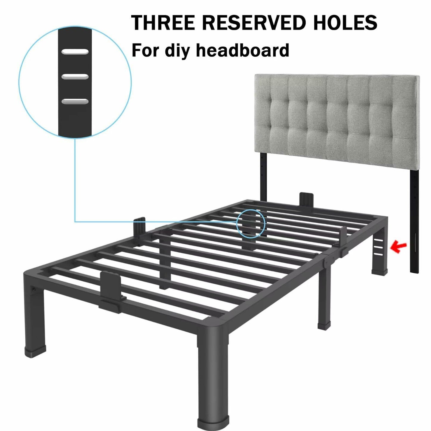 FUIOBYVV 14 Inch Twin Bed Frame with Rounded Corner and Headboard Hole Mattress Retainers 3500 LBS Metal Heavy Duty Steel Slats Support No Box Spring Needed Platform Noise Free Easy Assembly