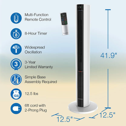 Lasko Oscillating All Season Tower Fan and Space Heater in One for Home with Adjustable Thermostat, Tip-Over Switch, 4 Fan Speeds, 3 Heat Settings and Remote Control, 42 Inches, 1500W, White, FH500