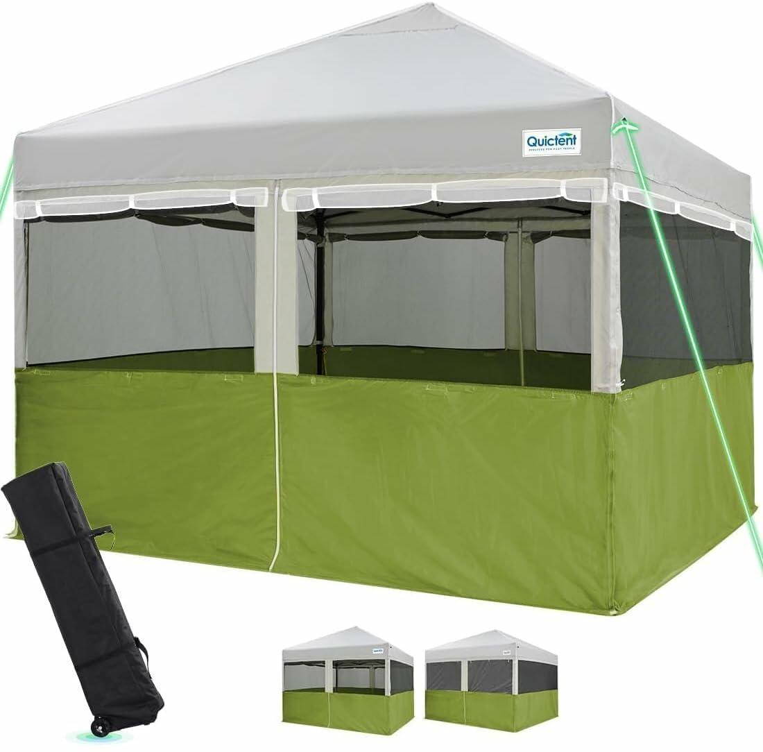 Quictent 10'x10' Pop up Canopy Tent with Sidewalls, 2 in 1 Screened Canopy with Roll-up Mesh Window Sidewalls, One Person Set up Canopy for Camping, Backyard and Outdoor Events (Green, 10'x10')