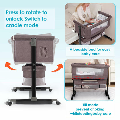 YADAQE Baby Bassinet, Baby Basinet Bedside Sleeper, Easy to Fold Portable Crib Side Bassinet 2025new Style Girl/boy bassinets (Brown)