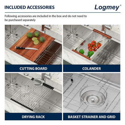 Logmey 33x19 Drop In Kitchen Sink 33 Inch Stainless Steel Workstation Sinks SUS304 16 Gauge Topmount Ledge Single Bowl Overmount Kitchen Sinks 33x19x9