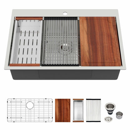 Logmey 33x19 Drop In Kitchen Sink 33 Inch Stainless Steel Workstation Sinks SUS304 16 Gauge Topmount Ledge Single Bowl Overmount Kitchen Sinks 33x19x9