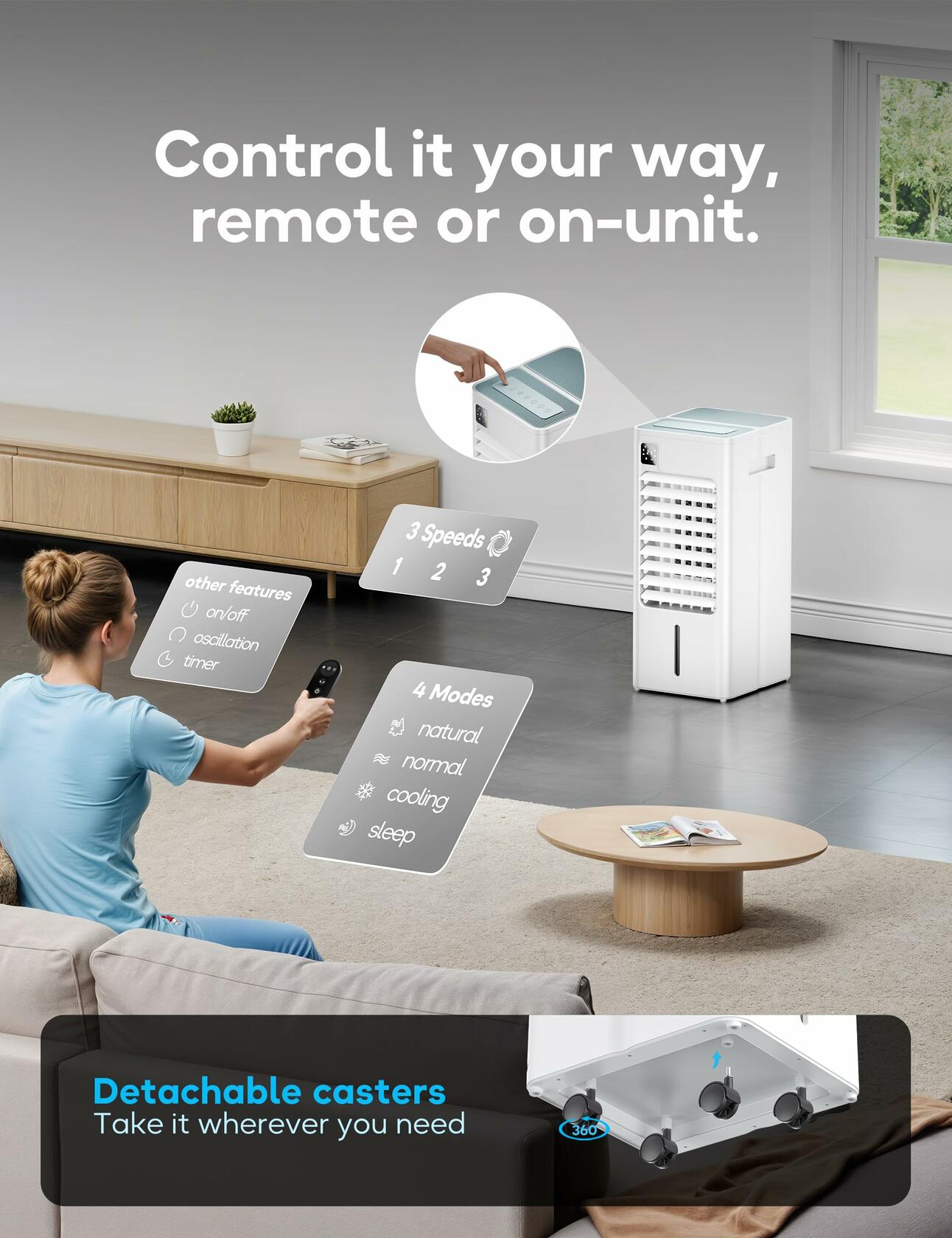 AEROZY BUMAI Portable Air Conditioner Windowless, 24.3" Evaporative Cooler with Digital Display, Remote, 3 Speeds, 12H Timer, Oscillating Swamp Cooler for Room no Windows, Bedroom, Living Room