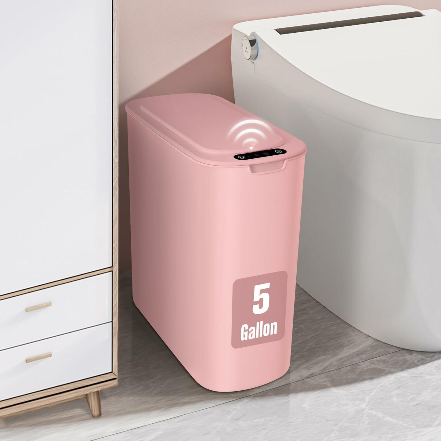 Cesun Motion Sensor Trash Can, 5 Gallon Automatic Bathroom Garbage Can with Lid, Touchless Smart Plastic Slim Wastebasket for Bathroom, Office, rv, Bedroom, Living Room, Pink