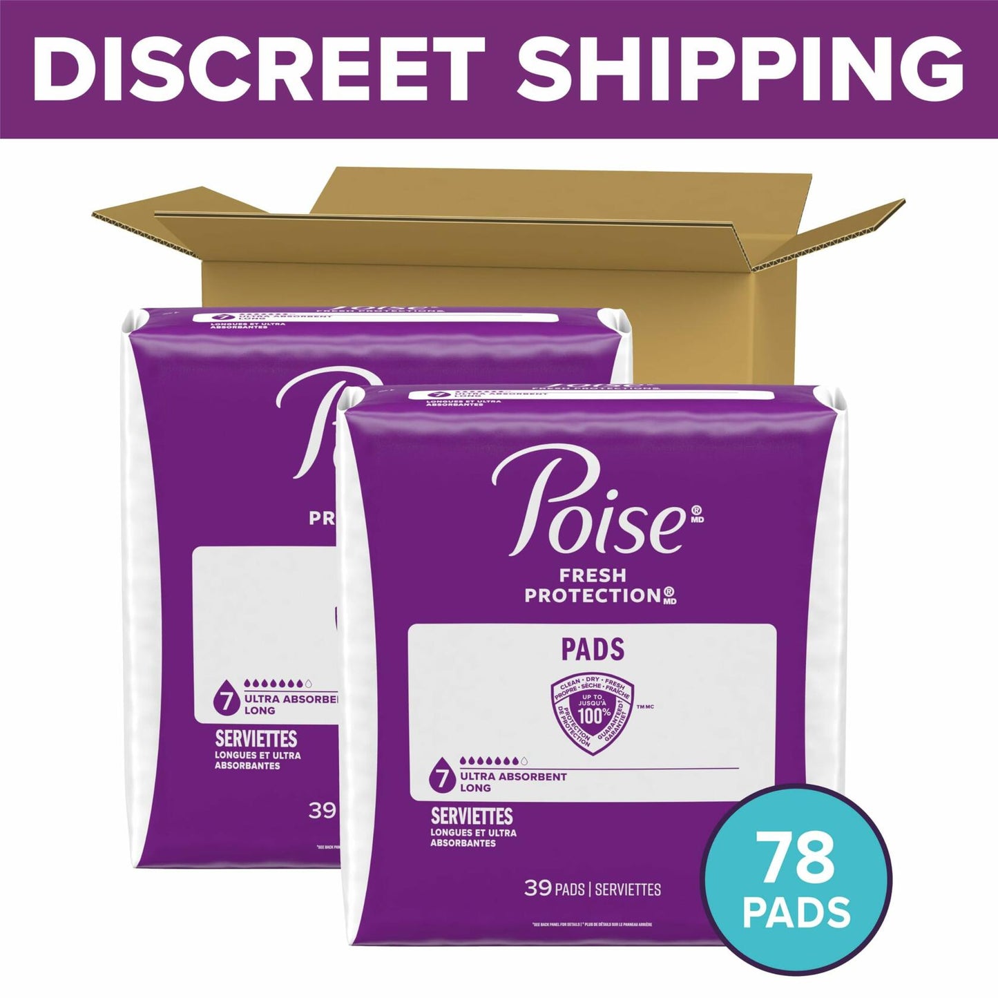 Poise Incontinence & Postpartum Pads for Bladder Leaks, 7 Drop Ultra Absorbency, Long Length, 78 Count, Packaging May Vary