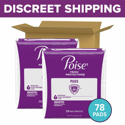 Poise Incontinence & Postpartum Pads for Bladder Leaks, 7 Drop Ultra Absorbency, Long Length, 78 Count, Packaging May Vary