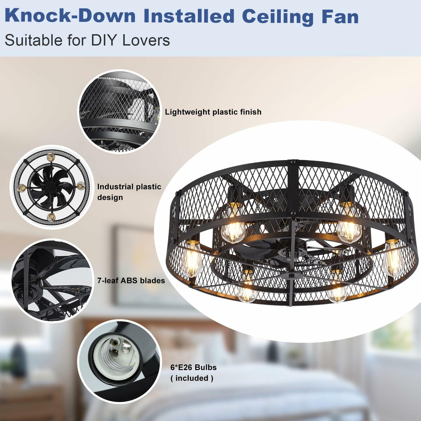 BvenuBigLite Caged Ceiling Fan with Light: 26 Inch Ceiling Fan with Remote APP Control Quiet DC Motor - Farmhouse Ceiling Fans Plastic Cage for Rustic Kitchen Bedroom (E26 Bulbs Included)