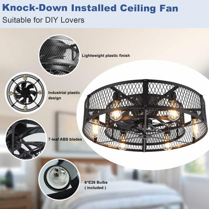 BvenuBigLite Caged Ceiling Fan with Light: 26 Inch Ceiling Fan with Remote APP Control Quiet DC Motor - Farmhouse Ceiling Fans Plastic Cage for Rustic Kitchen Bedroom (E26 Bulbs Included)