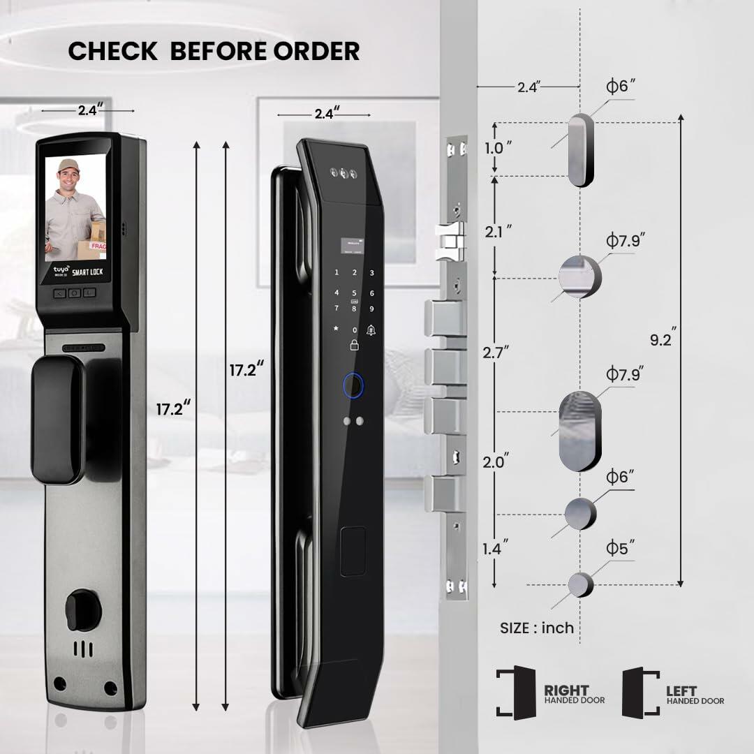 Smart WiFi Door Lock with 3D Face Recognition, Fingerprint, Video Doorbell & Intercom | Keyless Entry via Passcode, IC Card, Tuya App & Mechanical Key | Camera Security System for Front Door