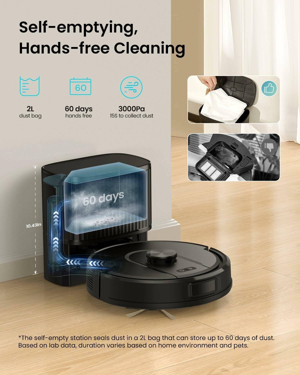PSUK W11 Robot Vacuum and Mop with Self-Emptying, 60-Day Capacity，LiDAR Navigation, Home Mapping, 3000Pa Suction，No-Go Zones, Robotic Vacuum Cleaner for Pet Hair， Hard Floors, Carpets (Large)