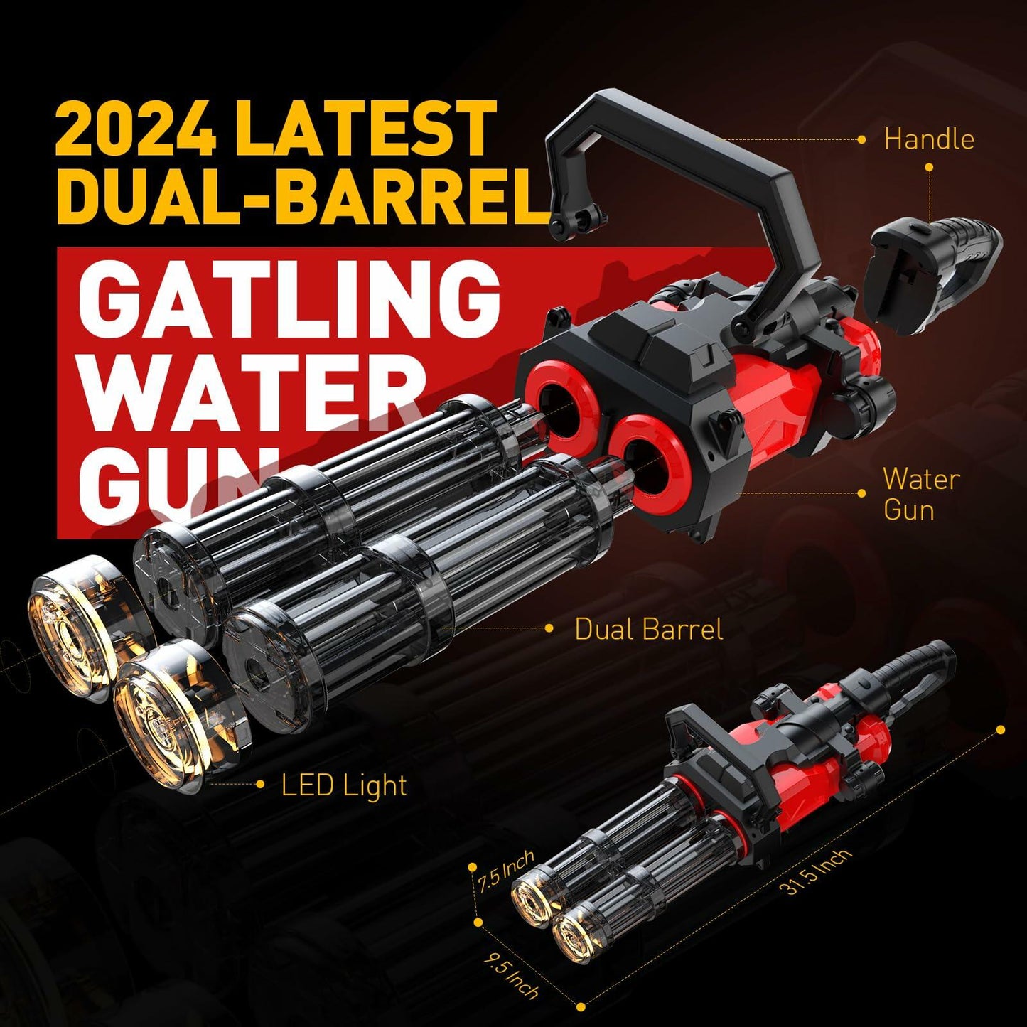 Gatling Electric Water Gun for Adults & Kids, Dual-Barrel, Up to 49FT Most Powerful Automatic Squirt Gun with LED Water-Sensor, Large Water Tank & Battery, Outdoor Toy, Summer Toys for Parties