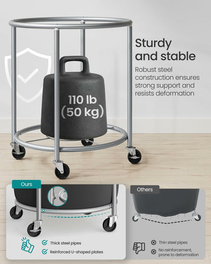 SONGMICS 50.2-Gallon (190 L) Laundry Basket with Wheels, Rolling Round Heavy-Duty Laundry Hamper Cart with Steel Frame and Removable Bag, 2 Locking Wheels, Ink Black and Metallic Silver URLS001B01