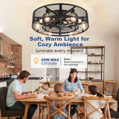 BvenuBigLite Caged Ceiling Fan with Light: 26 Inch Ceiling Fan with Remote APP Control Quiet DC Motor - Farmhouse Ceiling Fans Plastic Cage for Rustic Kitchen Bedroom (E26 Bulbs Included)
