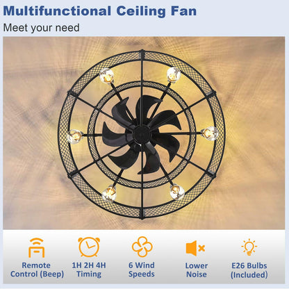 BvenuBigLite Caged Ceiling Fan with Light: 26 Inch Ceiling Fan with Remote APP Control Quiet DC Motor - Farmhouse Ceiling Fans Plastic Cage for Rustic Kitchen Bedroom (E26 Bulbs Included)