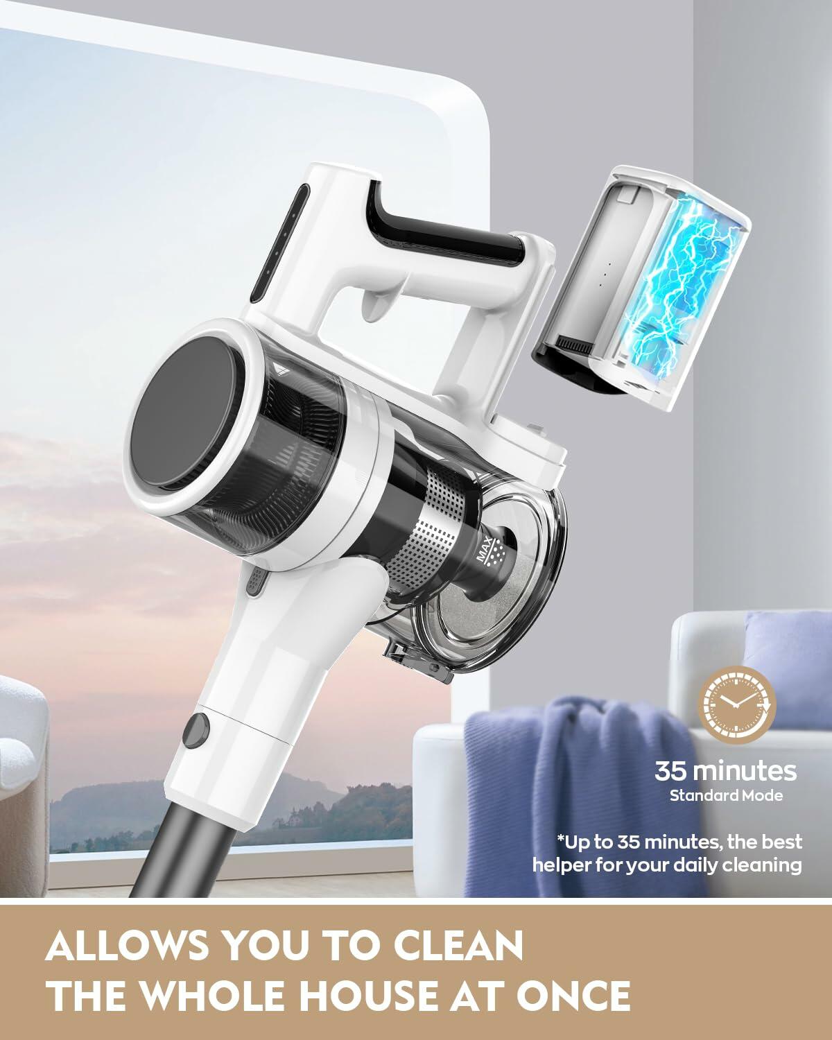 Cordless Vacuum Cleaner, 80,000 RPM Motor and Power Filtration, Stick Vacuum with 2200 mAh Battery, 35 Mins Worktime, 2 Modes, Rotated Multi-Heads, Height-Adjustable Vacuum for Home (Gray Nickel)