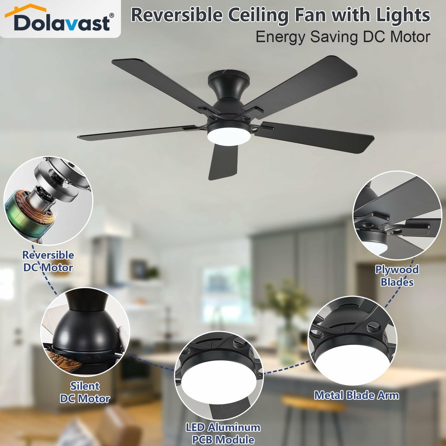 Dolavast Ceiling Fans with Lights, 52 Inch Low Profile Ceiling Fan with Light and Remote Control, Flush Mount, Reversible, 3CCT, Dimmable LED, Quiet, Black Ceiling Fan for Bedroom, Living Room