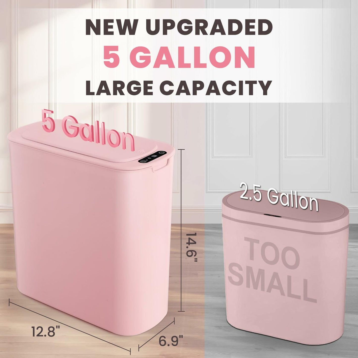 Cesun Motion Sensor Trash Can, 5 Gallon Automatic Bathroom Garbage Can with Lid, Touchless Smart Plastic Slim Wastebasket for Bathroom, Office, rv, Bedroom, Living Room, Pink