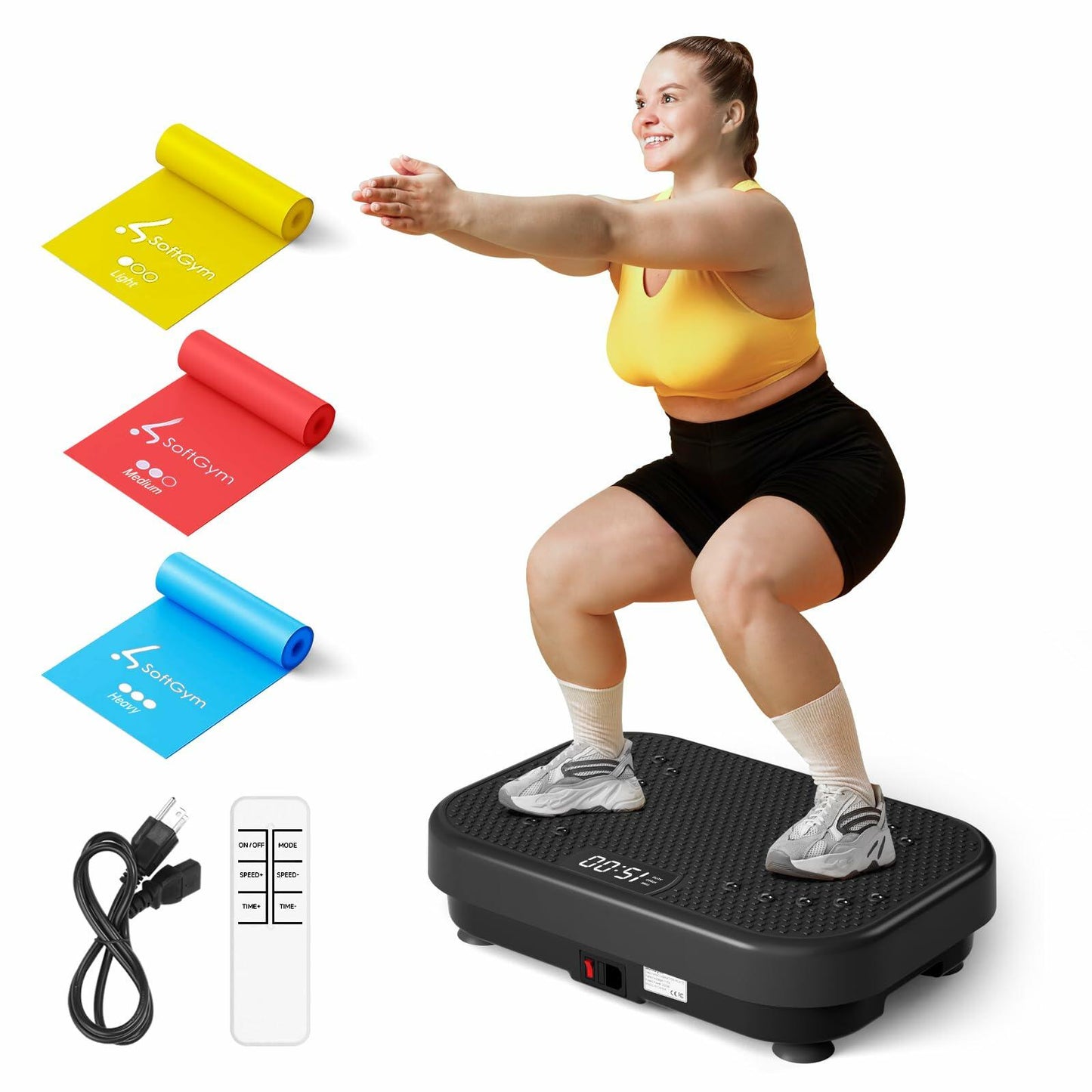 SoftGym Vibration Plate Exercise Machine for Lymphatic Drainage,Power Vibrate Stand Shake Board 450 Lbs Capacity Whole Body Workout Waver with Resistance Bands Weight Loss Gifts for Women Men-Black