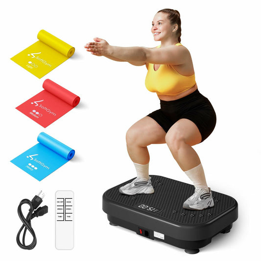 SoftGym Vibration Plate Exercise Machine for Lymphatic Drainage,Power Vibrate Stand Shake Board 450 Lbs Capacity Whole Body Workout Waver with Resistance Bands Weight Loss Gifts for Women Men-Black
