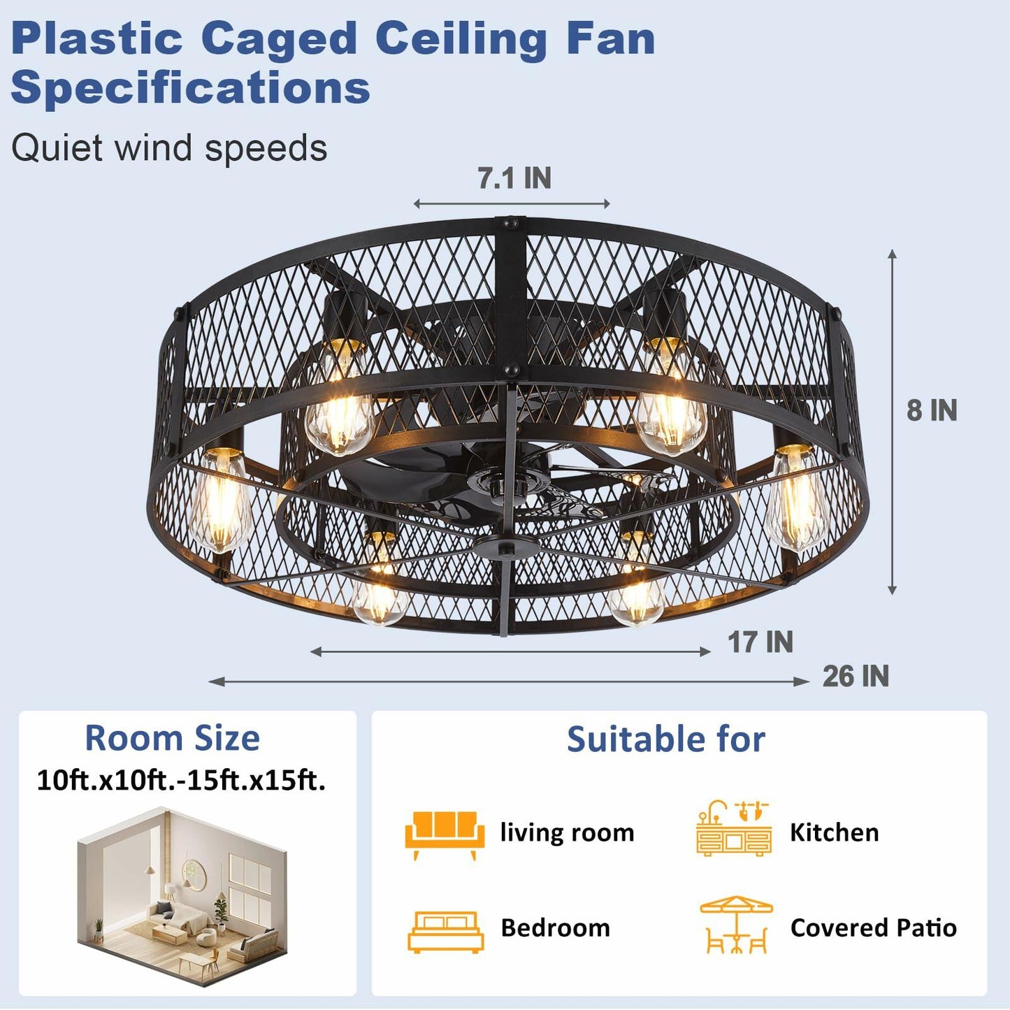 BvenuBigLite Caged Ceiling Fan with Light: 26 Inch Ceiling Fan with Remote APP Control Quiet DC Motor - Farmhouse Ceiling Fans Plastic Cage for Rustic Kitchen Bedroom (E26 Bulbs Included)