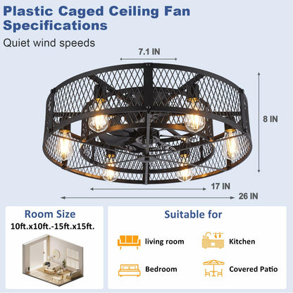 BvenuBigLite Caged Ceiling Fan with Light: 26 Inch Ceiling Fan with Remote APP Control Quiet DC Motor - Farmhouse Ceiling Fans Plastic Cage for Rustic Kitchen Bedroom (E26 Bulbs Included)