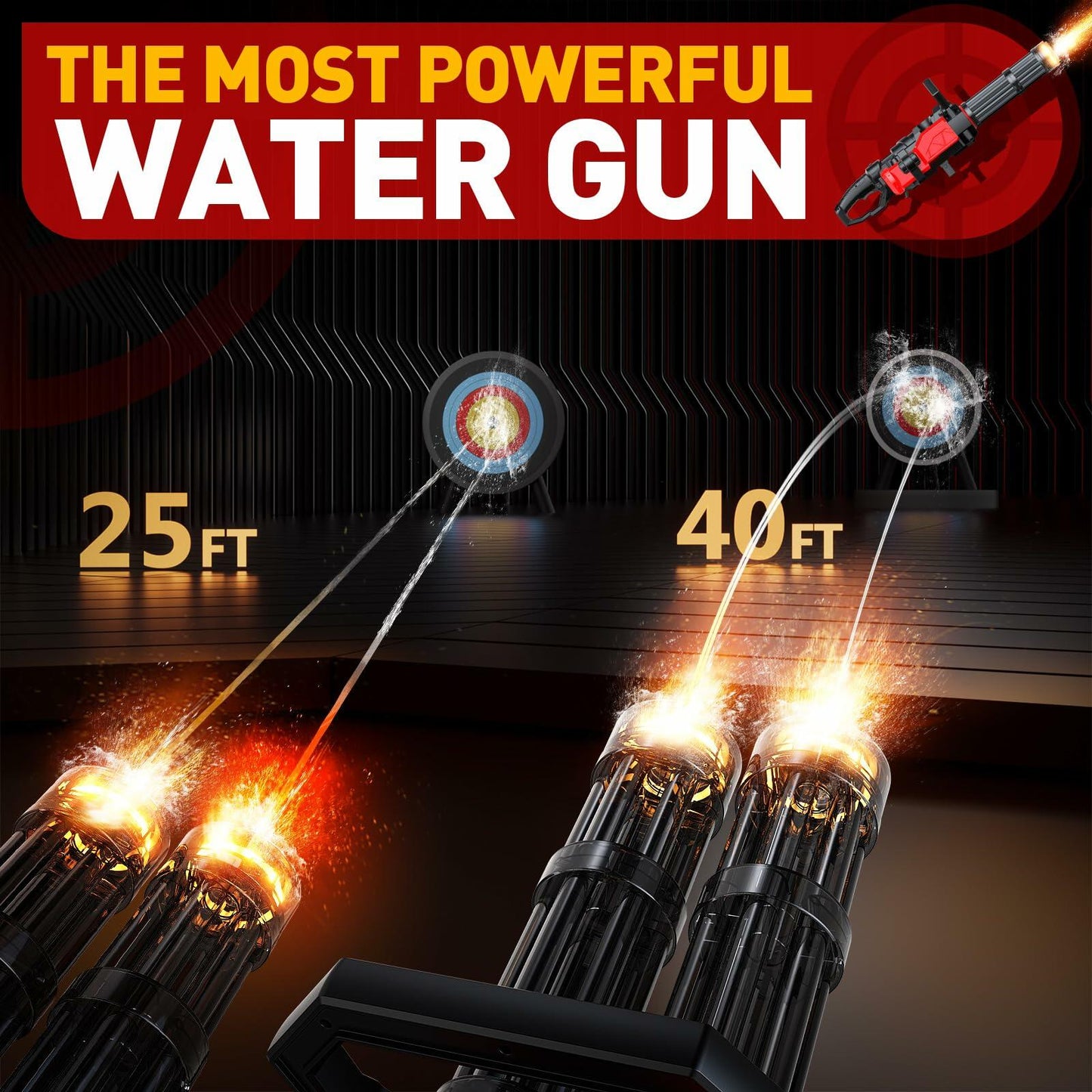Gatling Electric Water Gun for Adults & Kids, Dual-Barrel, Up to 49FT Most Powerful Automatic Squirt Gun with LED Water-Sensor, Large Water Tank & Battery, Outdoor Toy, Summer Toys for Parties