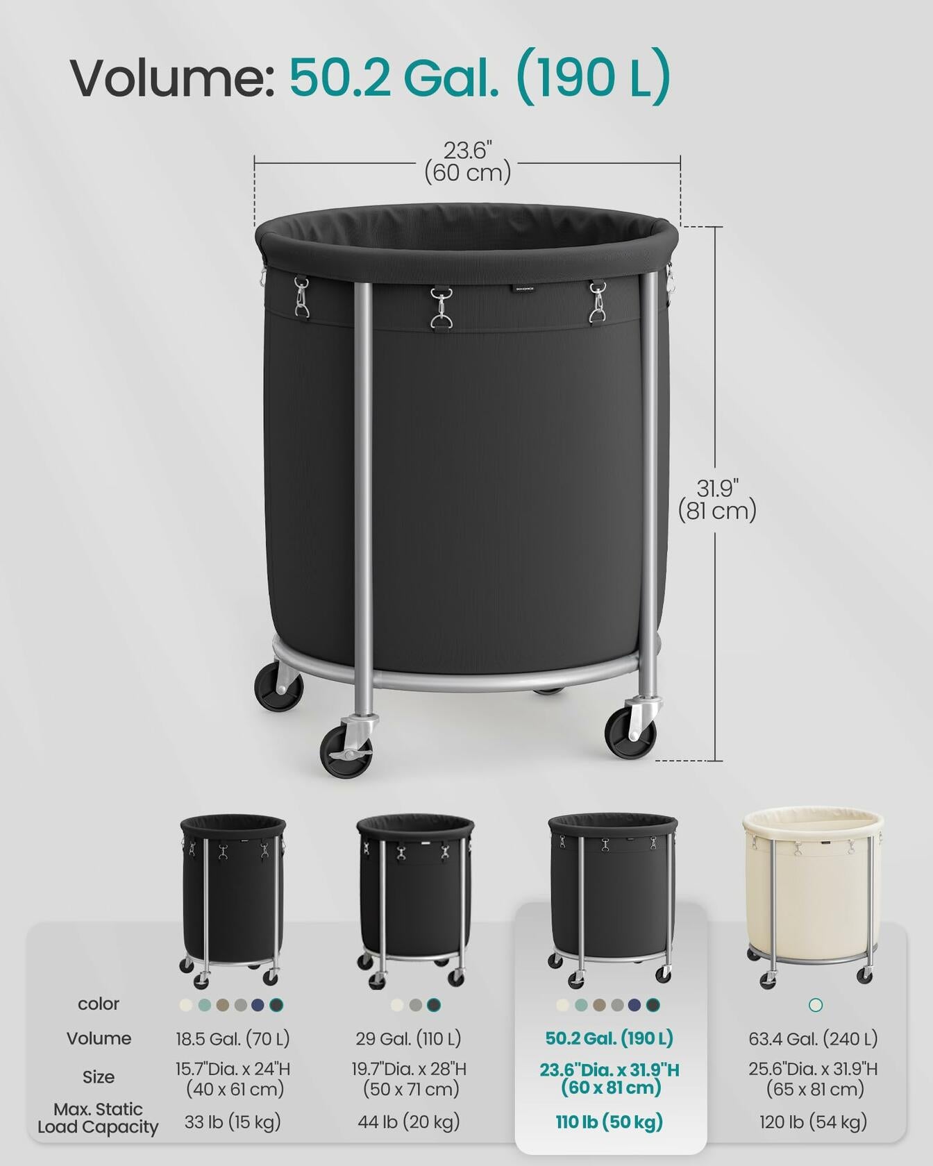 SONGMICS 50.2-Gallon (190 L) Laundry Basket with Wheels, Rolling Round Heavy-Duty Laundry Hamper Cart with Steel Frame and Removable Bag, 2 Locking Wheels, Ink Black and Metallic Silver URLS001B01