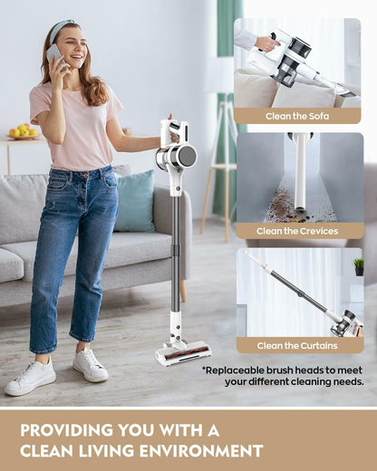 Cordless Vacuum Cleaner, 80,000 RPM Motor and Power Filtration, Stick Vacuum with 2200 mAh Battery, 35 Mins Worktime, 2 Modes, Rotated Multi-Heads, Height-Adjustable Vacuum for Home (Gray Nickel)