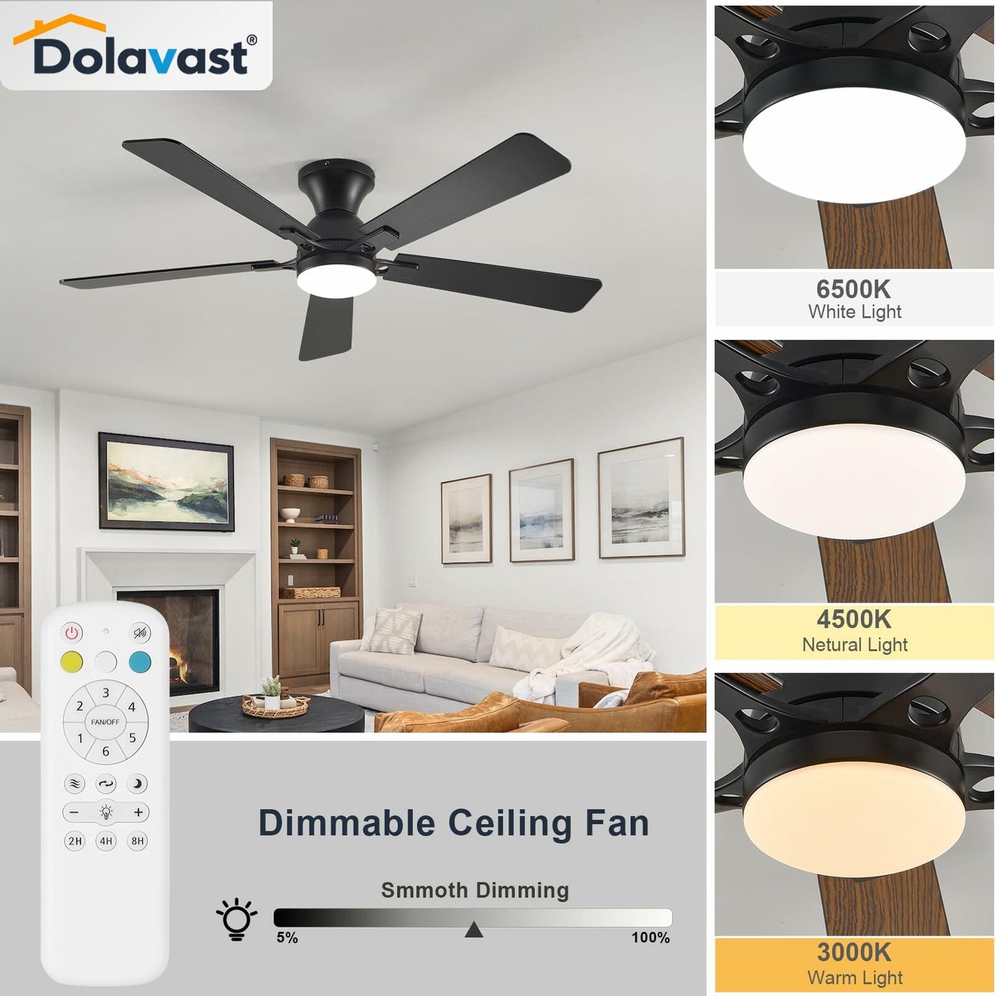 Dolavast Ceiling Fans with Lights, 52 Inch Low Profile Ceiling Fan with Light and Remote Control, Flush Mount, Reversible, 3CCT, Dimmable LED, Quiet, Black Ceiling Fan for Bedroom, Living Room