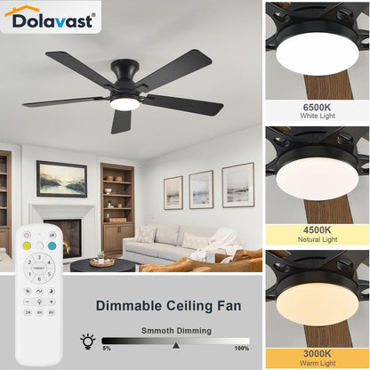 Dolavast Ceiling Fans with Lights, 52 Inch Low Profile Ceiling Fan with Light and Remote Control, Flush Mount, Reversible, 3CCT, Dimmable LED, Quiet, Black Ceiling Fan for Bedroom, Living Room