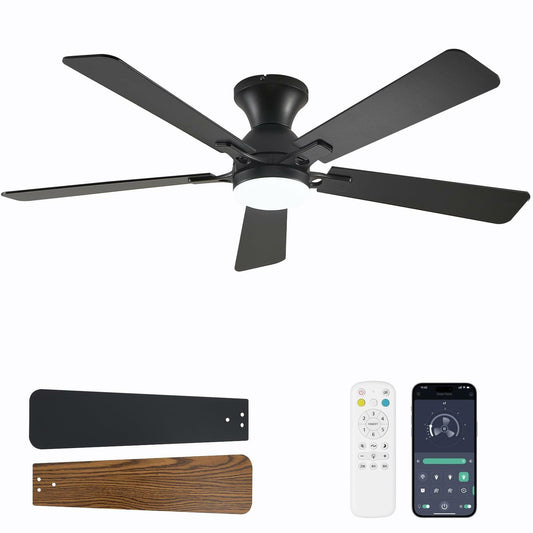 Dolavast Ceiling Fans with Lights, 52 Inch Low Profile Ceiling Fan with Light and Remote Control, Flush Mount, Reversible, 3CCT, Dimmable LED, Quiet, Black Ceiling Fan for Bedroom, Living Room