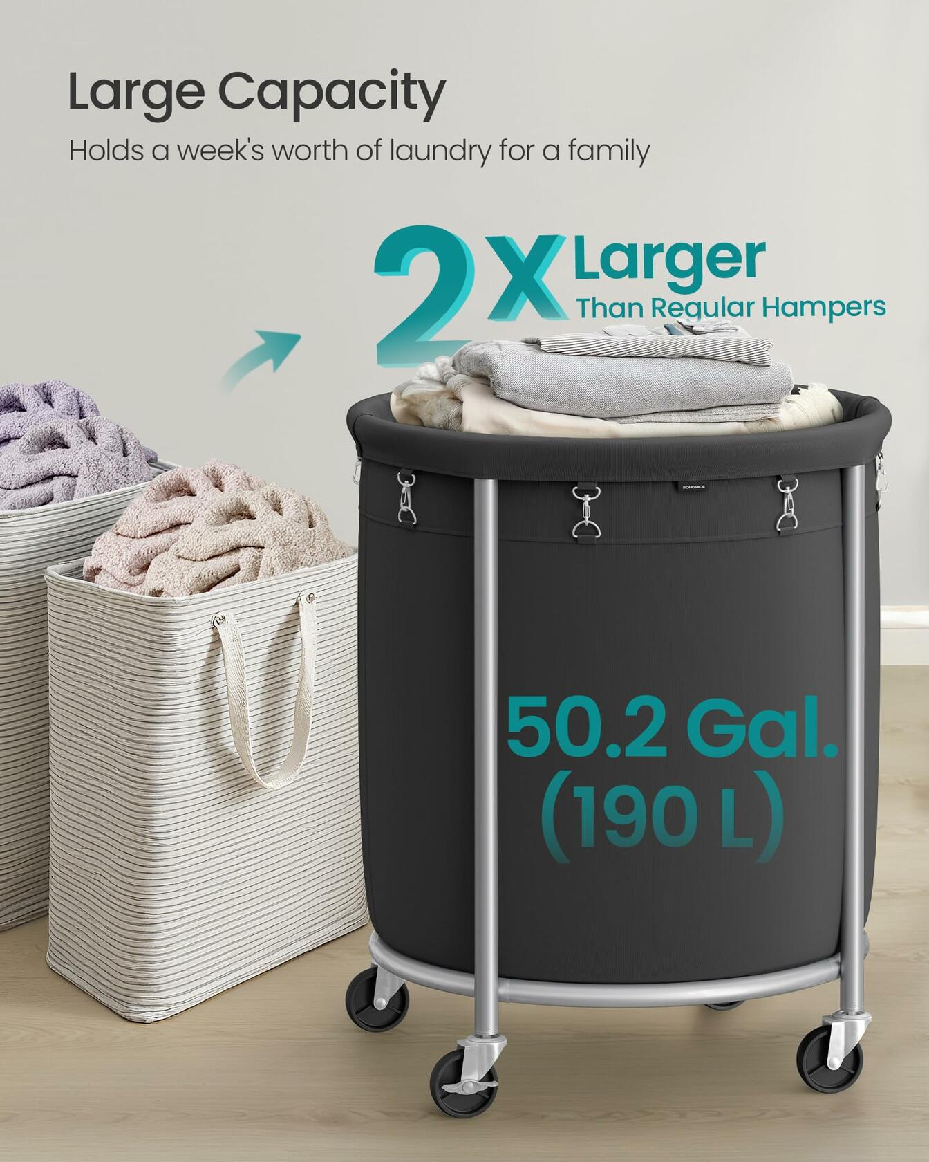 SONGMICS 50.2-Gallon (190 L) Laundry Basket with Wheels, Rolling Round Heavy-Duty Laundry Hamper Cart with Steel Frame and Removable Bag, 2 Locking Wheels, Ink Black and Metallic Silver URLS001B01