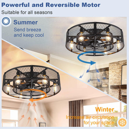 BvenuBigLite Caged Ceiling Fan with Light: 26 Inch Ceiling Fan with Remote APP Control Quiet DC Motor - Farmhouse Ceiling Fans Plastic Cage for Rustic Kitchen Bedroom (E26 Bulbs Included)