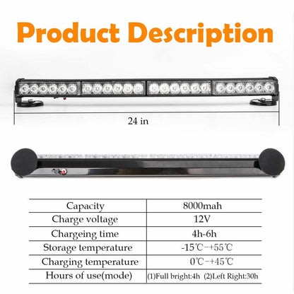 LE-JX 24” Amber/White Wireless Traffic Advisor Emergency Lights Bar Battery Led Strobe Warning Light Roof Top Hazard Flash with Magnetic Base Mount and 12V Rechargeable Plug (24 LEDs)