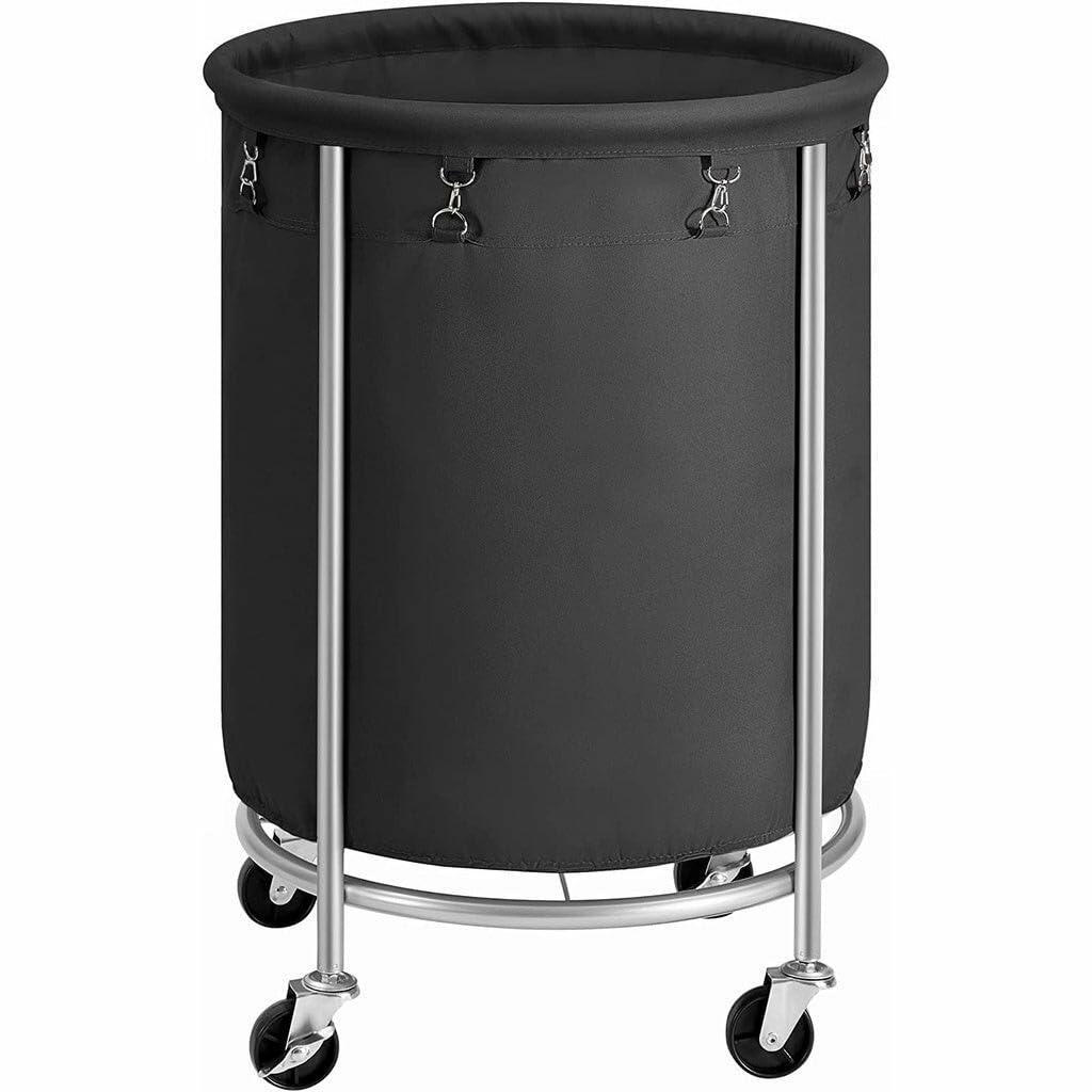 SONGMICS 50.2-Gallon (190 L) Laundry Basket with Wheels, Rolling Round Heavy-Duty Laundry Hamper Cart with Steel Frame and Removable Bag, 2 Locking Wheels, Ink Black and Metallic Silver URLS001B01