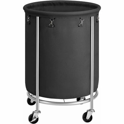 SONGMICS 50.2-Gallon (190 L) Laundry Basket with Wheels, Rolling Round Heavy-Duty Laundry Hamper Cart with Steel Frame and Removable Bag, 2 Locking Wheels, Ink Black and Metallic Silver URLS001B01