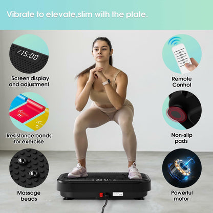 SoftGym Vibration Plate Exercise Machine for Lymphatic Drainage,Power Vibrate Stand Shake Board 450 Lbs Capacity Whole Body Workout Waver with Resistance Bands Weight Loss Gifts for Women Men-Black