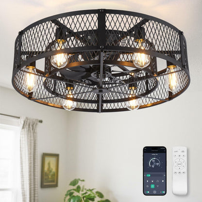 BvenuBigLite Caged Ceiling Fan with Light: 26 Inch Ceiling Fan with Remote APP Control Quiet DC Motor - Farmhouse Ceiling Fans Plastic Cage for Rustic Kitchen Bedroom (E26 Bulbs Included)