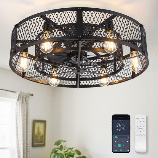 BvenuBigLite Caged Ceiling Fan with Light: 26 Inch Ceiling Fan with Remote APP Control Quiet DC Motor - Farmhouse Ceiling Fans Plastic Cage for Rustic Kitchen Bedroom (E26 Bulbs Included)