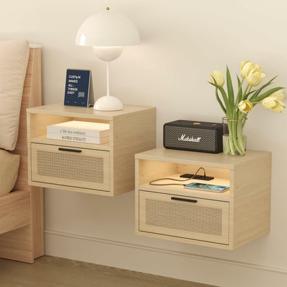 Floating nightstand Set of 2 with USB Ports, outlets, and led Light Strip – Modern Wall-Mounted nightstands with Oak and Rattan Design (Floating nightstand Set of 2)