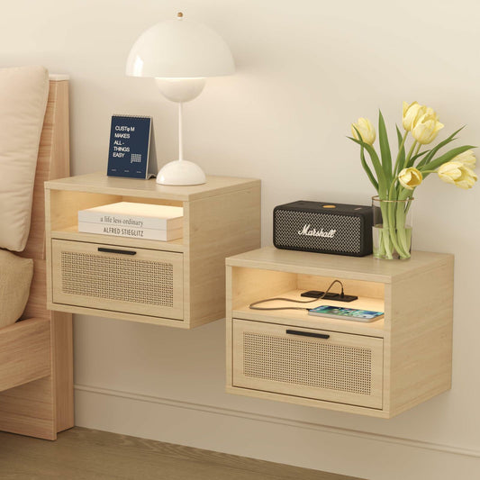 Floating nightstand Set of 2 with USB Ports, outlets, and led Light Strip – Modern Wall-Mounted nightstands with Oak and Rattan Design (Floating nightstand Set of 2)