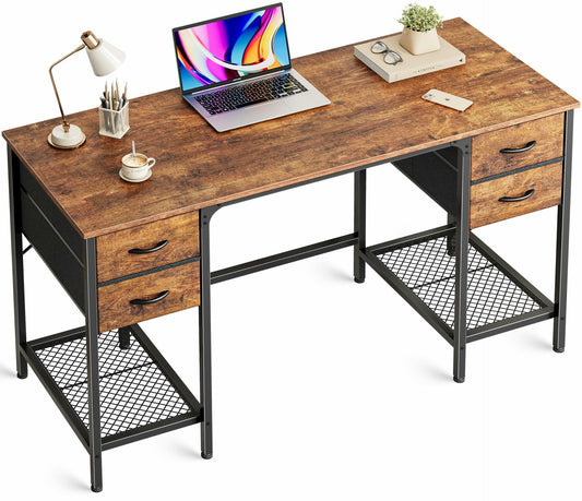 Huuger 47 Inch Computer Desk with 4 Drawers, Office Desk with Mesh Shelf, Gaming Desk, Large Storage, Writing Work Desk for Home Office, Study, Bedroom, Work from Home, Rustic Brown