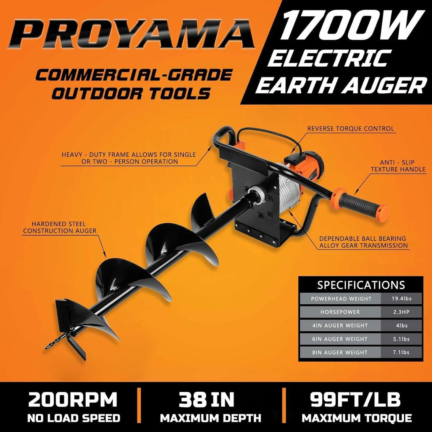 PROYAMA Electric Post Hole Digger, 1700W Corded Earth Auger with 4" 6" 8" Drill Bit, 12" Extension Rod, Reverse Control, 5-Year Warranty Gear Box, Ideal for Post Hole Digging, Drilling, Tree Planting